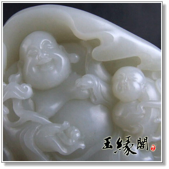 羊脂白玉籽料摆件 童子戏佛