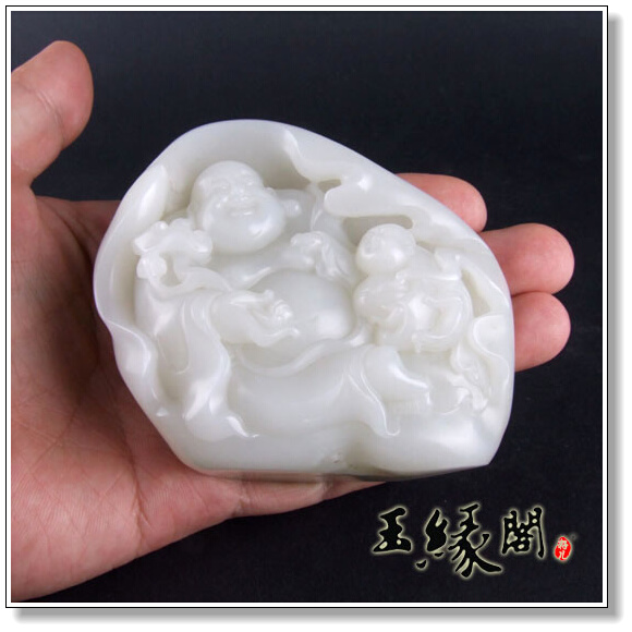羊脂白玉籽料摆件 童子戏佛