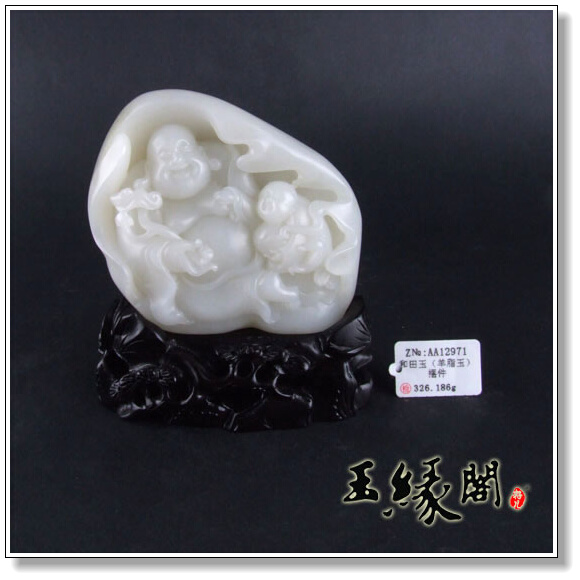 羊脂白玉籽料摆件 童子戏佛