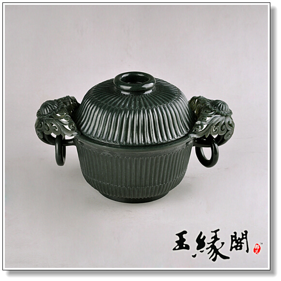 青玉摆件 菊瓣纹双耳盖炉【一对】