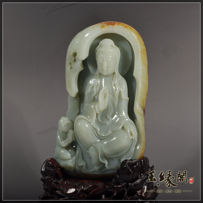 枣红皮籽料摆件 童子拜观音