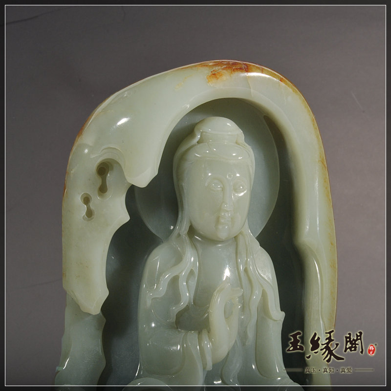 枣红皮籽料摆件 童子拜观音