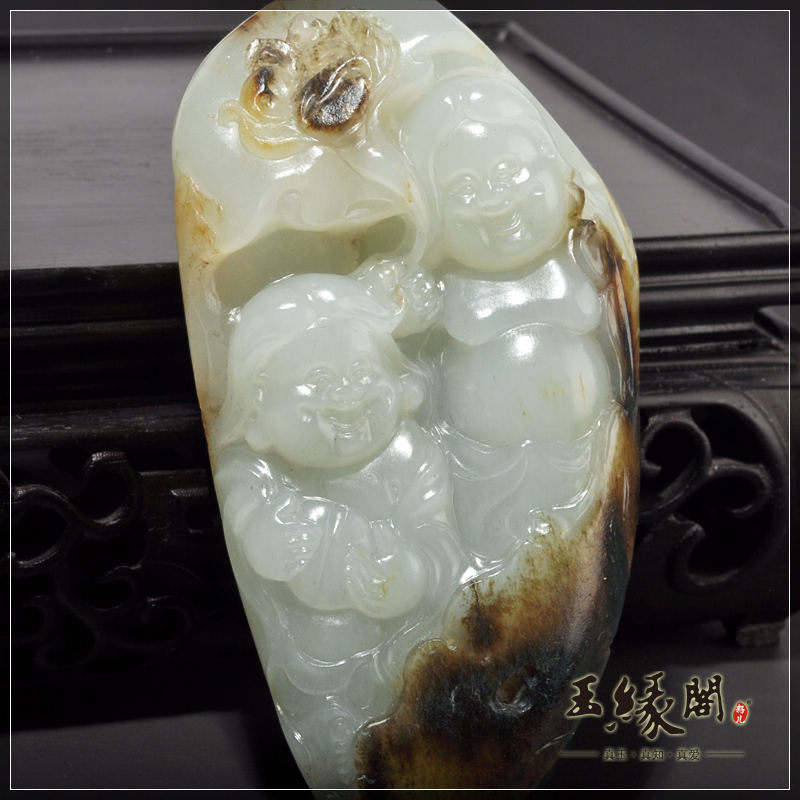 褐皮籽料把件 和合二仙
