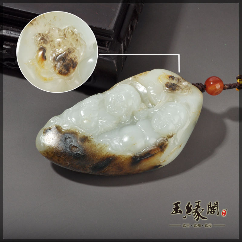 褐皮籽料把件 和合二仙